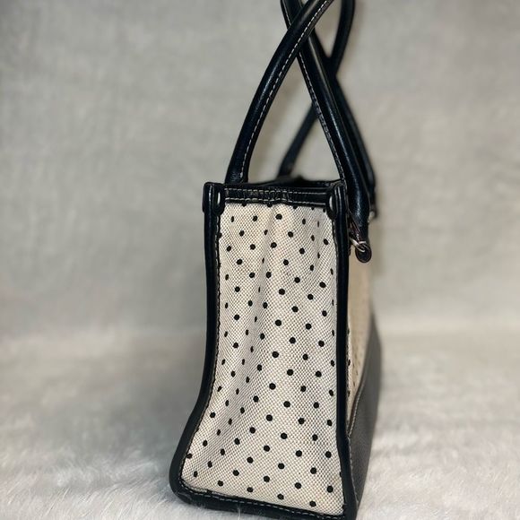 Kate spade Polka Dot Wellesley Quinn Black Khaki Canvas Leather Tote - Picture 5 of 16